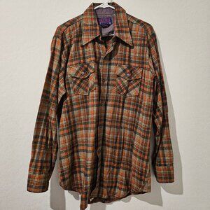 Men's Ponderosa Wool Blend Plaid Shirt Long Sleeves Button Up Top Brown Sz Large